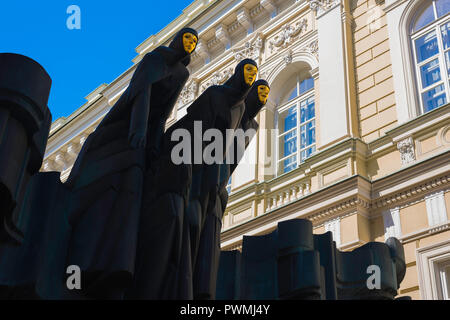 Vilnius Three Muses, view of the Three Muses statue sited above the entrance to the Lithuanian National Drama Theatre, Vilnius, Lithuania. Stock Photo