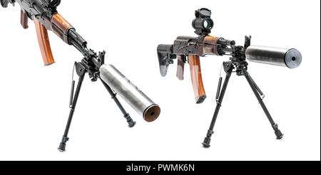 Reflex sight and silencer assigned on AK-47 machinegun