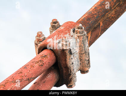 Fibers of steel cable close-up. Old abandoned cable-stayed bridge Stock Photo