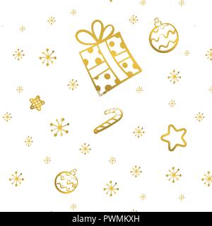 Christmas gold seamless pattern with gift, stars and candy Hand drawn vector Stock Vector