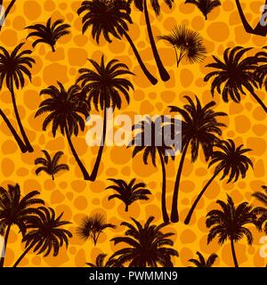 Seamless Pattern, Tropical Landscape, Palms Trees and Exotic Plants Black Silhouettes on Abstract Tile Background. Vector Stock Vector