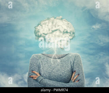 Brainstorm concept as woman has invisible face and cloud shaped brain instead of head. Incognito introvert hide identity. Head in the clouds person so Stock Photo