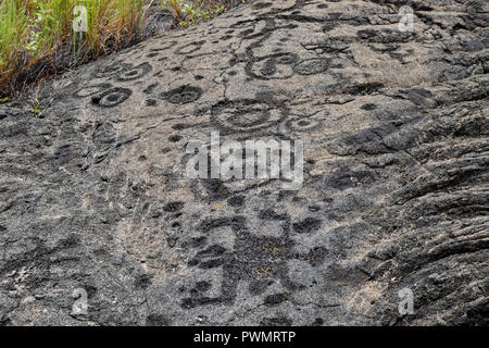 Petroglyphs  at Pu'uloa (Long Hill) along the Chain of Craters road, in volcano National Park on the island of Hawaii. The drawings are 400-700 years Stock Photo