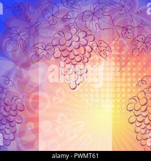 Grape Bunches and Leaves Purple Contours on Abstract Background with Rays, Circles and Butterflies. Vector Stock Vector