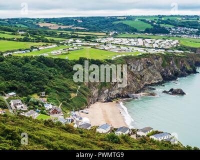 View from the coastal path at Tresaith on the Welsh coast in Ceredigion. Stock Photo