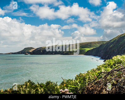 View from the coastal path towards Tresaith on the Welsh coast in Ceredigion. Stock Photo