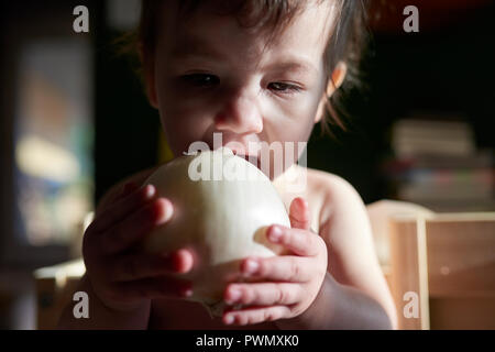 One year old toddler girl holding and investigating a raw onion in a home Stock Photo