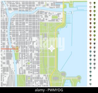 vector street map of downtown Chicago with pin pointers and infrastructure icons. Stock Vector