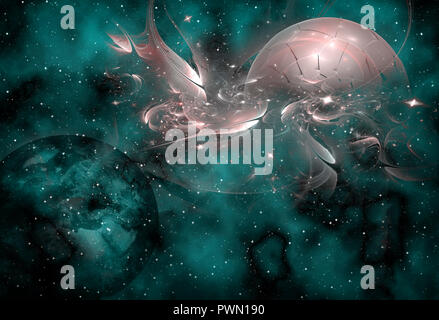 Abstract representation of the Universe and stellar galaxies with planets and space objects. Stock Photo