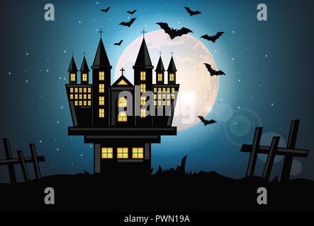 Haunted castle halloween card background Vector. Full moon dark night with bats flying. Spooky towers illustration Stock Vector