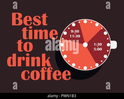 Best time to drink coffee. Cup of coffee with a clock, top view. Flat design concept. Vector illustration Stock Vector