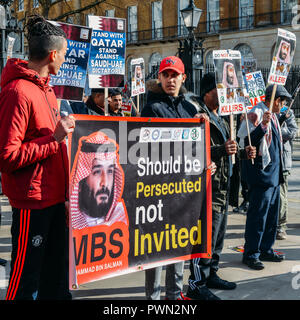 London, UK, 07th March 2018: Protesters gather outside Downing Street to voice opposition to the visit of the Saudi Prince Bin Salman Stock Photo