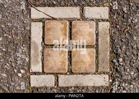 Salzburg, Austria - April 6, 2018: Stolperstein ('stumbling stones') on Kapuzinerberg commemorating austrian author Stefan Zweig and his family. Stock Photo