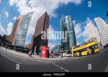 Berlin. Germany. Ground level fisheye view of Potsdamer Platz.  L-R; Daimler Chrysler Tower (Renzo Piano), Potsdamer Platz No. I (Kollhoff-Tower, Hans Stock Photo