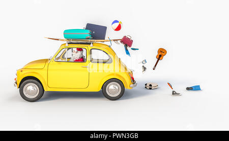 santa claus drive little yellow car and lose summer objects on whie background 3d rendering Stock Photo