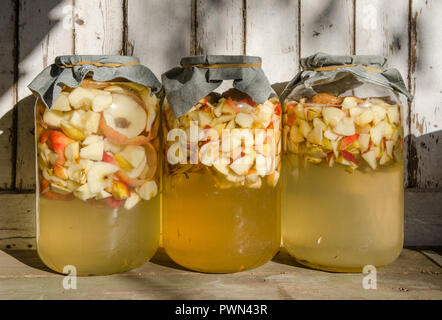 Making of apple vinegar - apple pieces floating on water in a glass