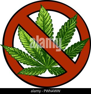 NO marijuana symbolic sign red circle green leaf white background vector Stock Vector