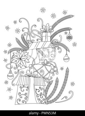 Christmas coloring Pages. Coloring Book for adults. Pile of holiday presents. Christmas decoration, cartoon gift boxes, ribbons, balls, stars and snowflakes. Hand drawn outline vector illustration. Stock Vector