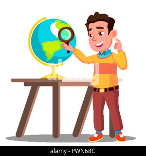 Student Looking Through A Magnifying Glass Globe, Geography Lesson Vector. Isolated Illustration Stock Vector