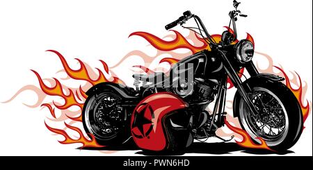 vector illustration Flaming Bike Chopper Ride Front View Stock Vector