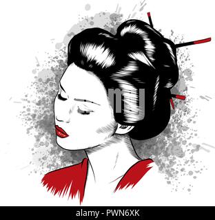 Beautiful Japanese Geisha Holds Red Fan Vector Illustration. Stock Vector