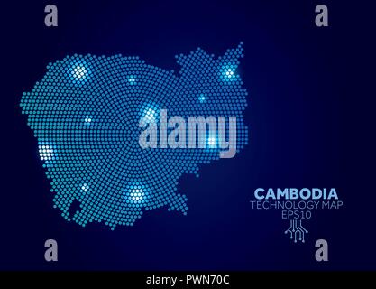 Cambodia dotted technology map. Modern data communication concept Stock Vector