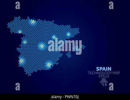 Spain dotted technology map. Modern data communication concept Stock Vector