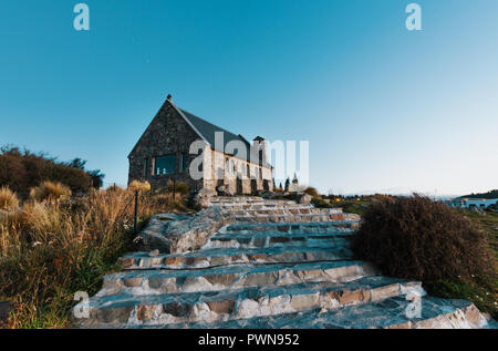 Historic Church Of the Good Shepherd on Lake Tekapo in New Zealand in late afternoon, just prior to sunset Stock Photo