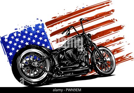 Hand drawn and inked vintage American chopper motorcycle with american flag Stock Vector