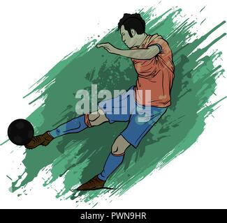 one caucasian soccer player man playing kicking in silhouette isolated on white background Stock Vector
