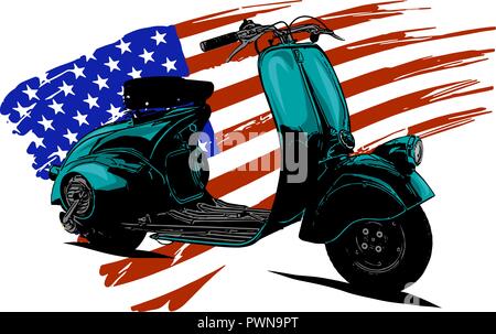 Hand drawn and inked vintage American chopper motorcycle with american flag Stock Vector