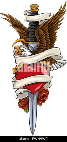 vector eagle with earth and rose and ribbon Stock Vector