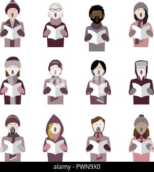 set of twelve icons of multiethnic adult christmas carol singers Stock Vector