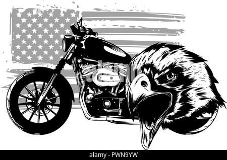 Hand drawn and inked vintage American chopper motorcycle with american flag Stock Vector