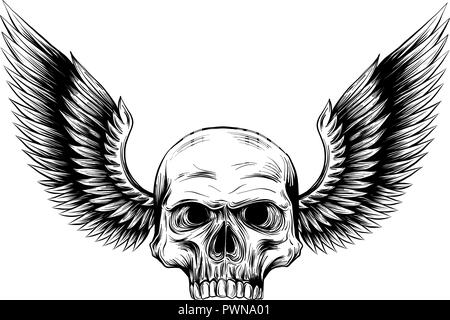 vector illustration Skull and wings in engraving style Stock Vector