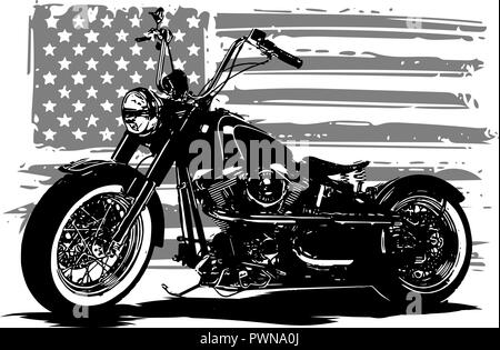 Hand drawn and inked vintage American chopper motorcycle with american flag Stock Vector