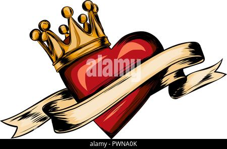 Heart with ribbon in tattoo style. illustration in engraved style Stock Vector