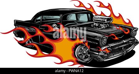 Car muscle old 70s vector illustration with flames Stock Vector