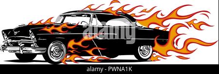 Car muscle old 70s vector illustration with flames Stock Vector