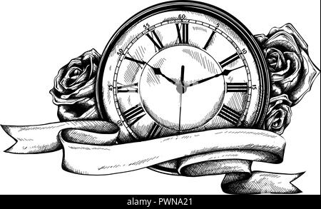 Vintage pocket watch with a pattern in roses Stock Vector