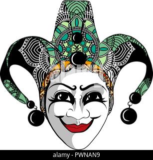 Decorated Venetian carnival, jester mask with bells and golden glitter, sketch style vector illustration Stock Vector