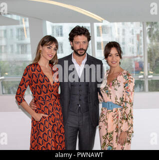 Irene Arcos actress, Alvaro Morte actor and Veronica Sanchez at the photo call for THE PIER (MOVISTAR+/ BETA FILM) during  MIPCOM 2018 Stock Photo