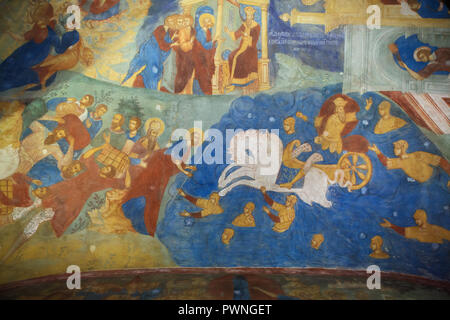 Crossing of the Red Sea depicted in the fresco by Russian painters Dmitry Plekhanov and Fyodor Ignatyev dated from 1700 in the west gallery (papert) in the Church of Saint John the Baptist at Tolchkovo in Yaroslavl, Russia. Stock Photo