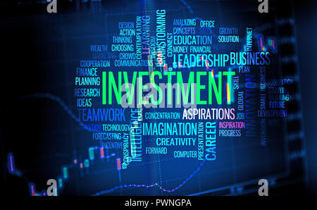 Finance and investment background, business word cloud over trade chart screen Stock Photo