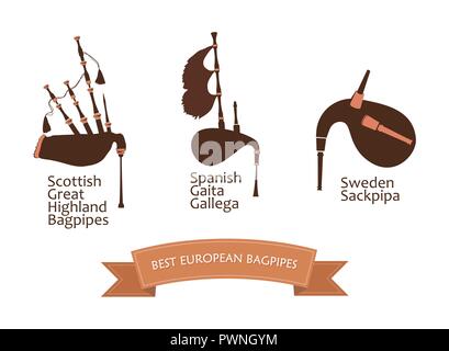 European Bagpipes Set, Vector Illustration Isolated on white Background Stock Vector