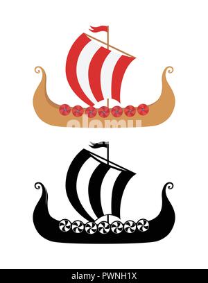 Drakkar - Vikings Ship in Nordic Sea. Wooden Warships of Scandinavian Ancient Warriors. Vector Illustration of boat and silhouetter image isolated on  Stock Vector