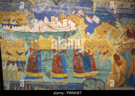 Battle of Jericho depicted in the fresco by Russian painters Dmitry Plekhanov and Fyodor Ignatyev dated from 1700 in the west gallery (papert) in the Church of Saint John the Baptist at Tolchkovo in Yaroslavl, Russia. Stock Photo