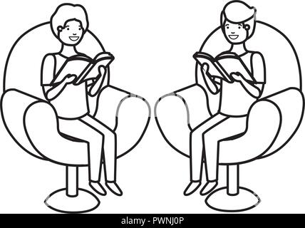 men sitting in sofa with book avatar character Stock Vector