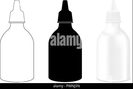 Medical drops bottle. Outline, black and 3d illustration Stock Vector