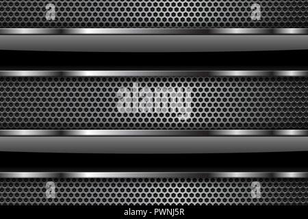 Metal perforated background with black glass elements Stock Vector